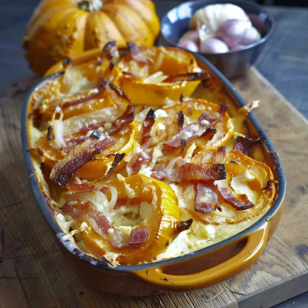 Un gratin de potimarron garni de lardons et d'échalotes, avec un potimarron entier et des gousses d'ail en arrière-plan.