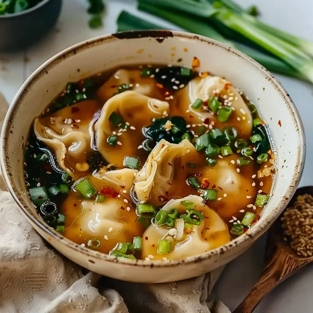 Un bol fumant de ravioles chinoises dans un bouillon doré, parsemé de cébettes et graines de sésame