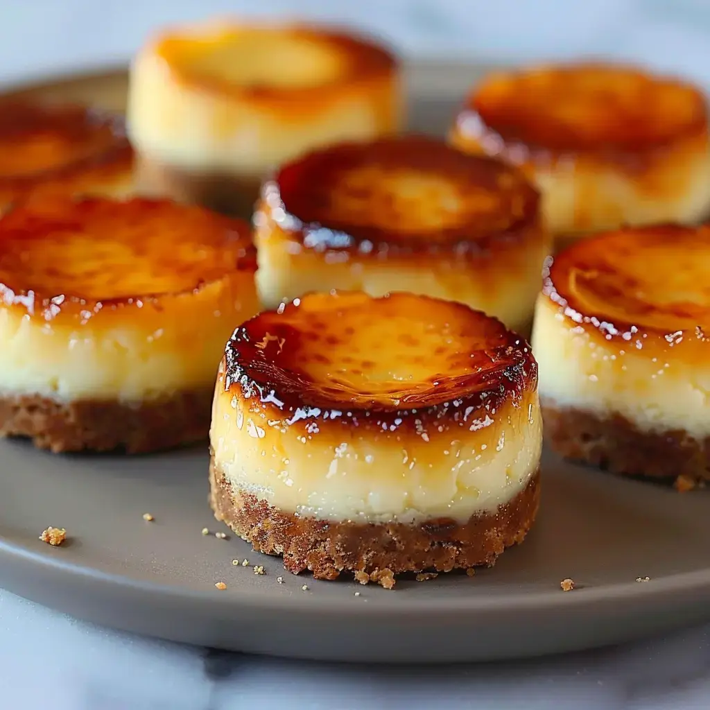 Mini crèmes brûlées façon cheesecake sur fond sablé, élégamment présentées sur assiette.