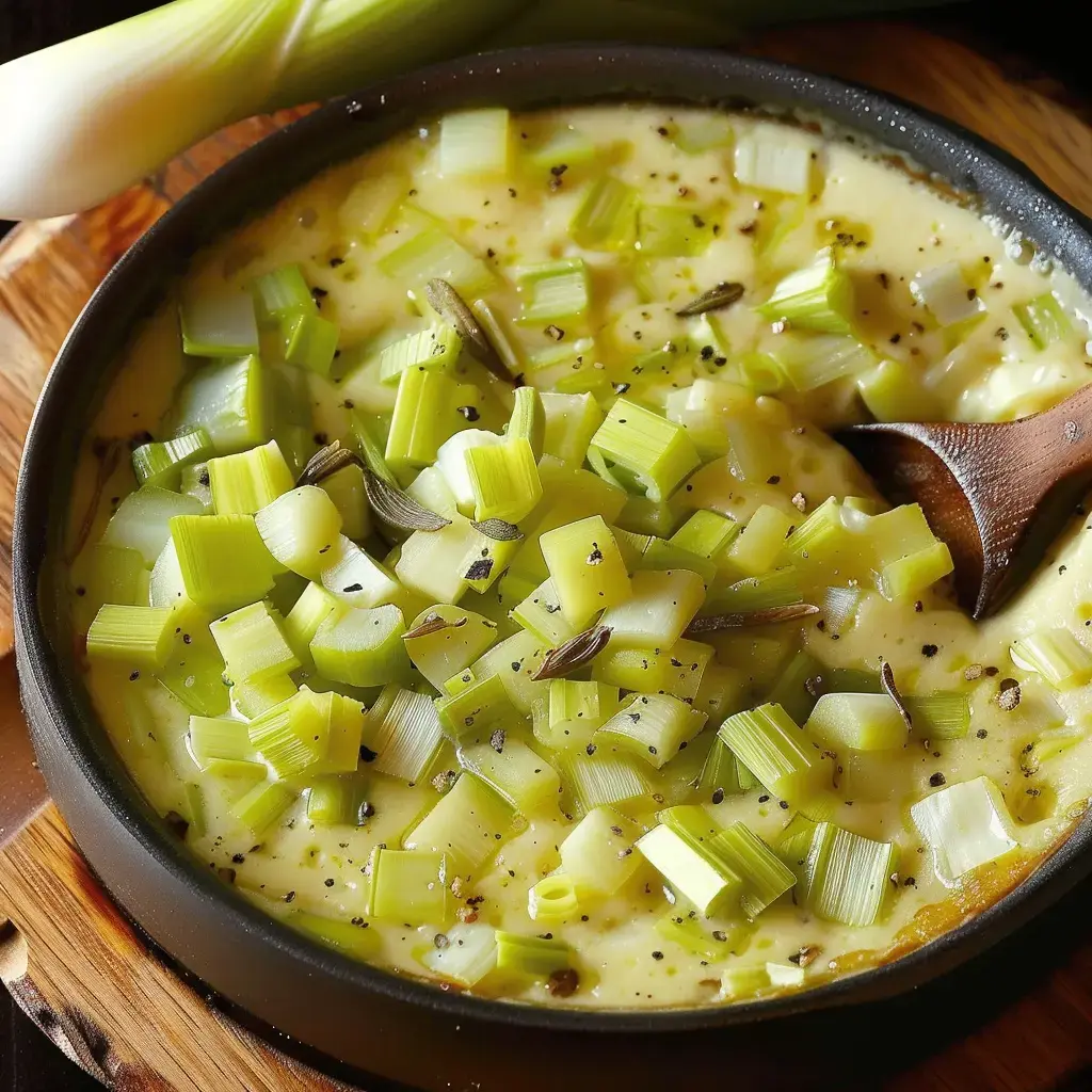 Une cocotte en fonte contenant une fondue de poireaux crémeuse garnie d'herbes fraîches