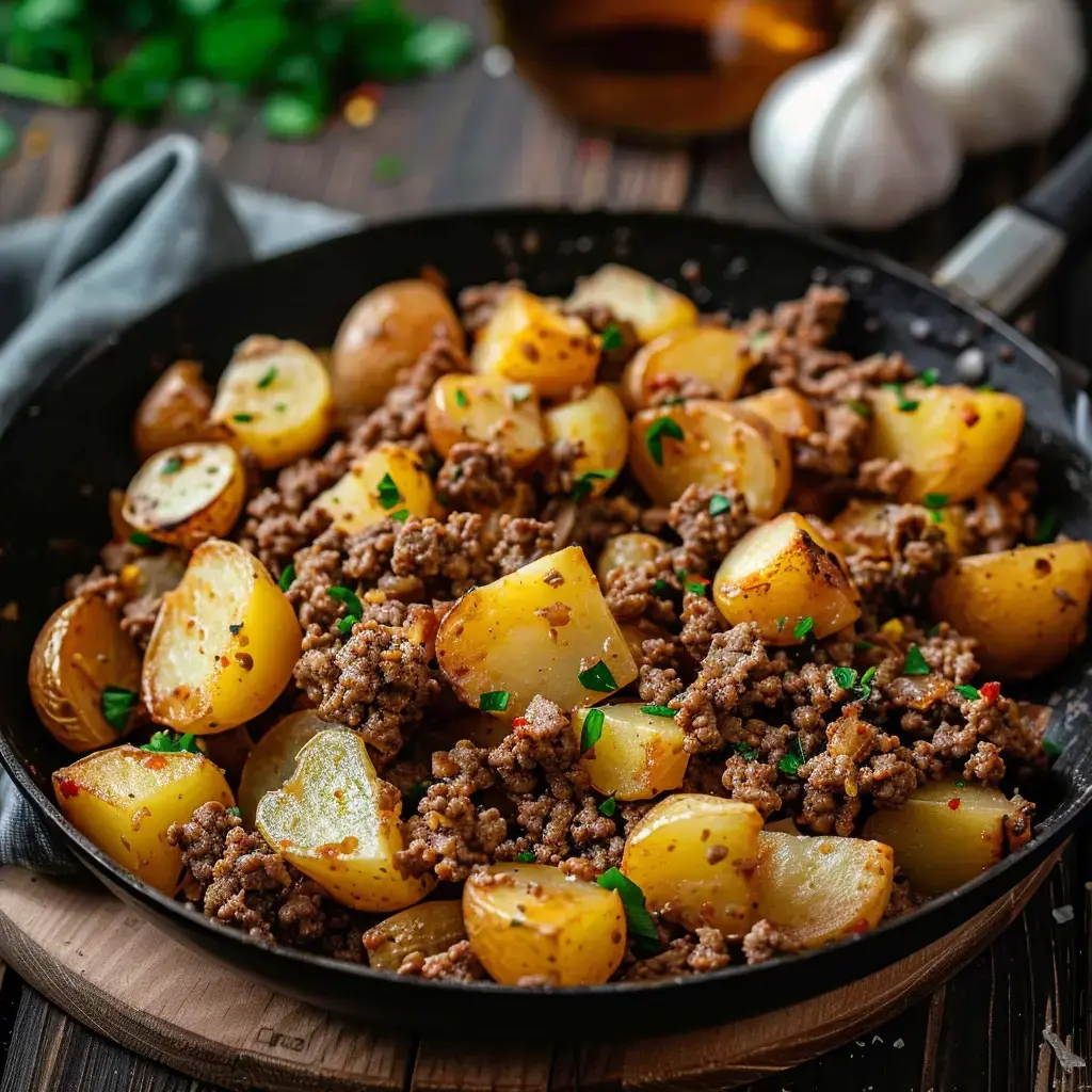 Un hachis parmentier doré et gratiné, servi dans un plat en terre cuite, parsemé de persil frais