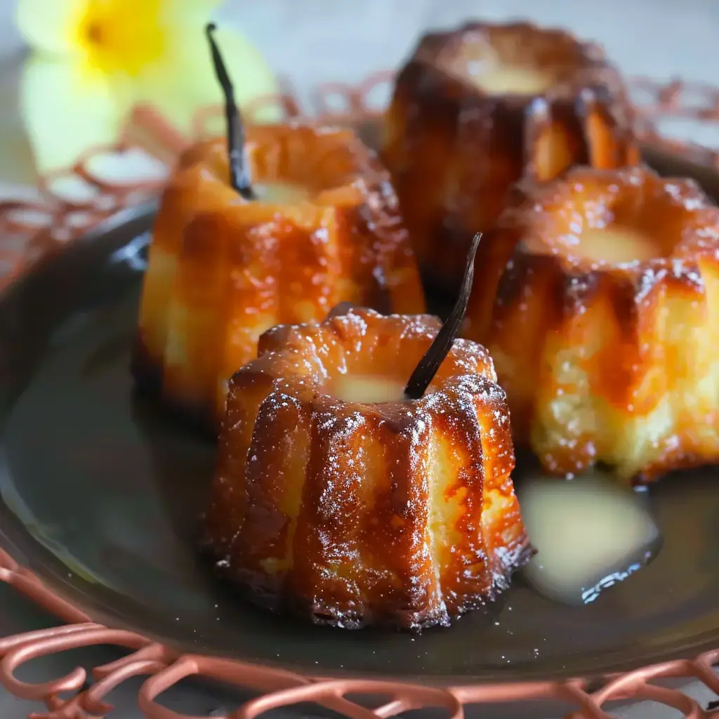 Quatre canelés bordelais dorés et brillants, présentés sur une assiette sombre avec des gousses de vanille en décoration