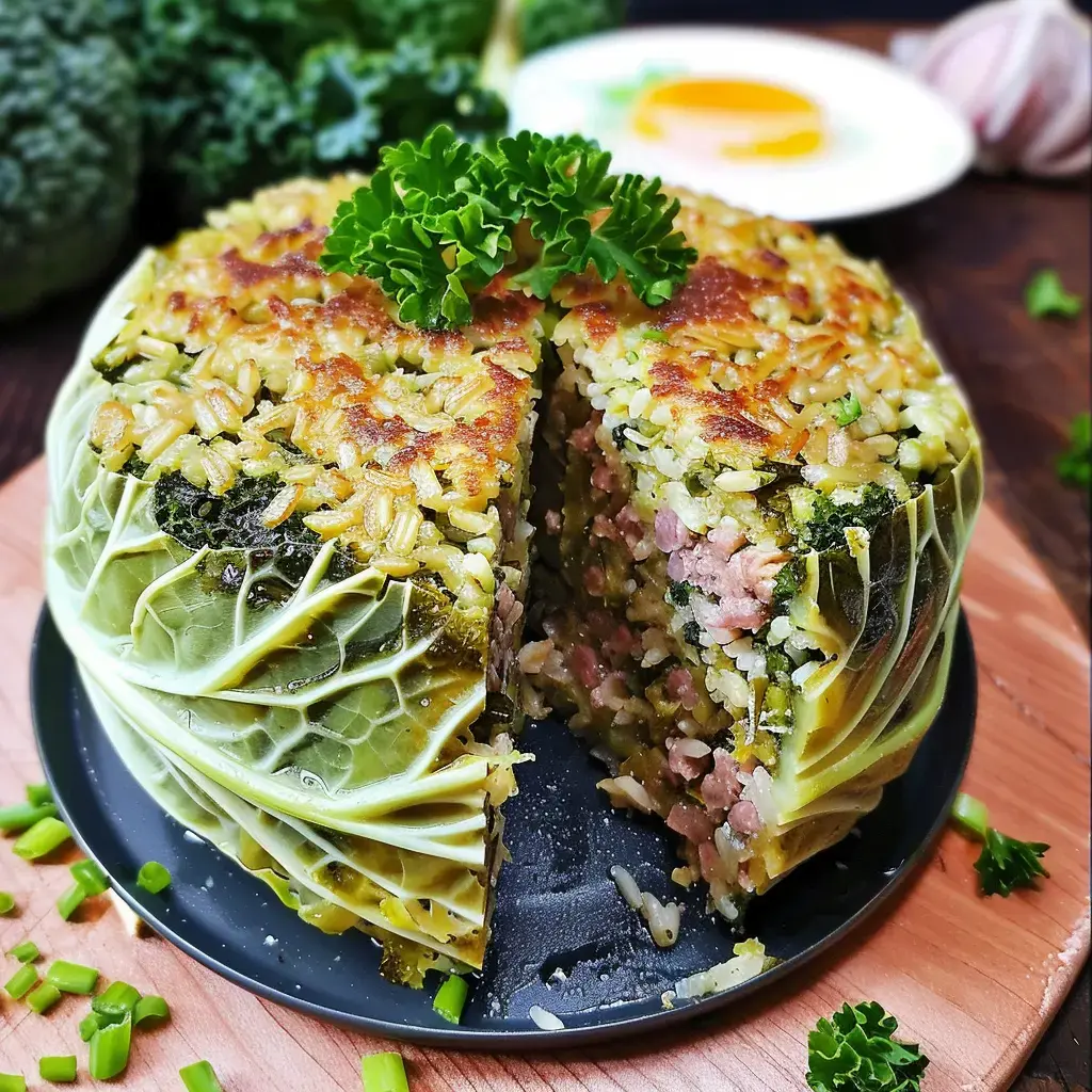 Une tourte au chou garnie de riz et de viande, dressée sur un plat de service avec une décoration de persil frais