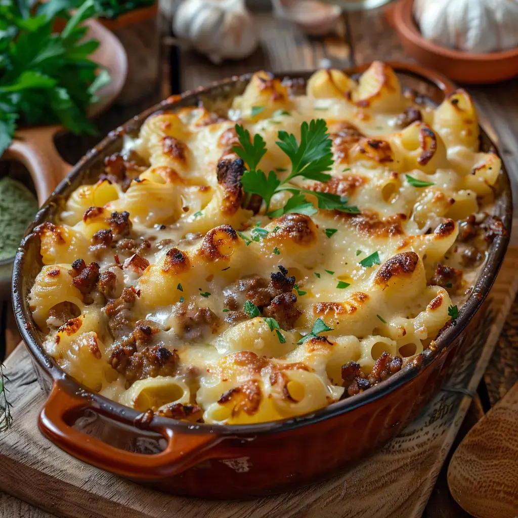 Gratin de macaronis au fromage à raclette et bœuf haché, parsemé de persil frais