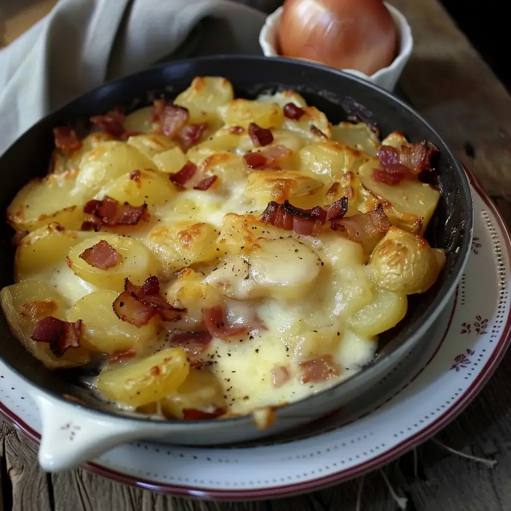 Une tartiflette dorée et gratinée, servie dans un plat en terre cuite traditionnel