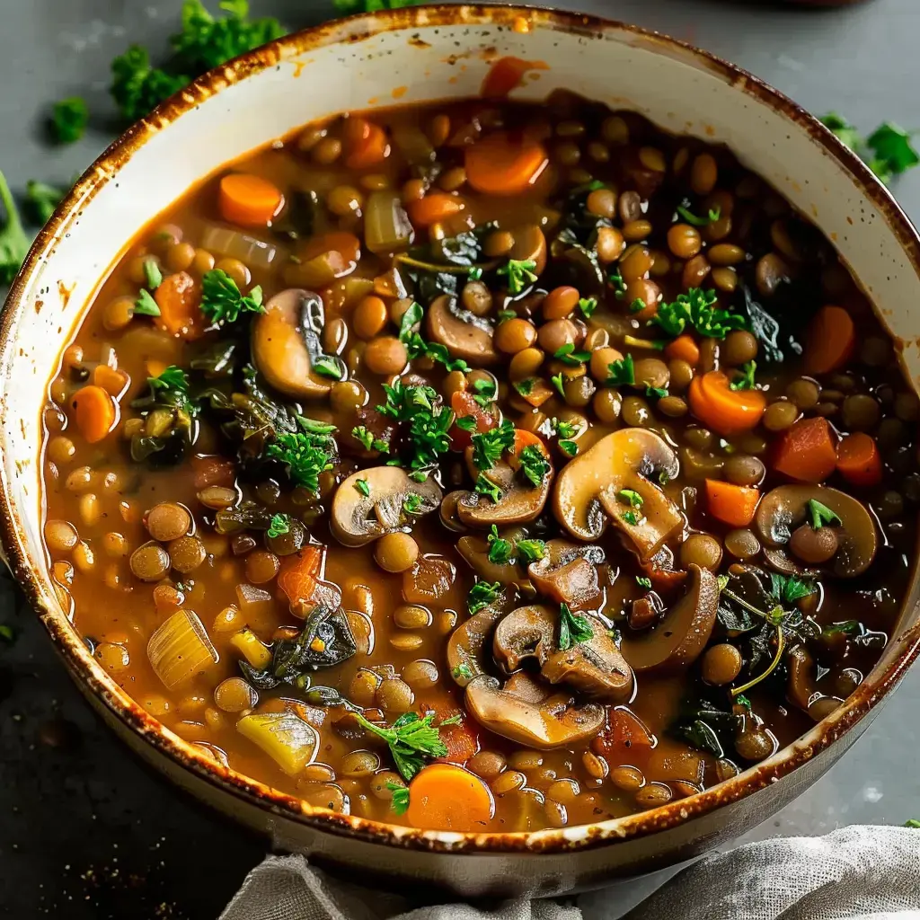 Mijoté de lentilles aux légumes d'hiver servi dans une cocotte en fonte, parsemé d'herbes fraîches
