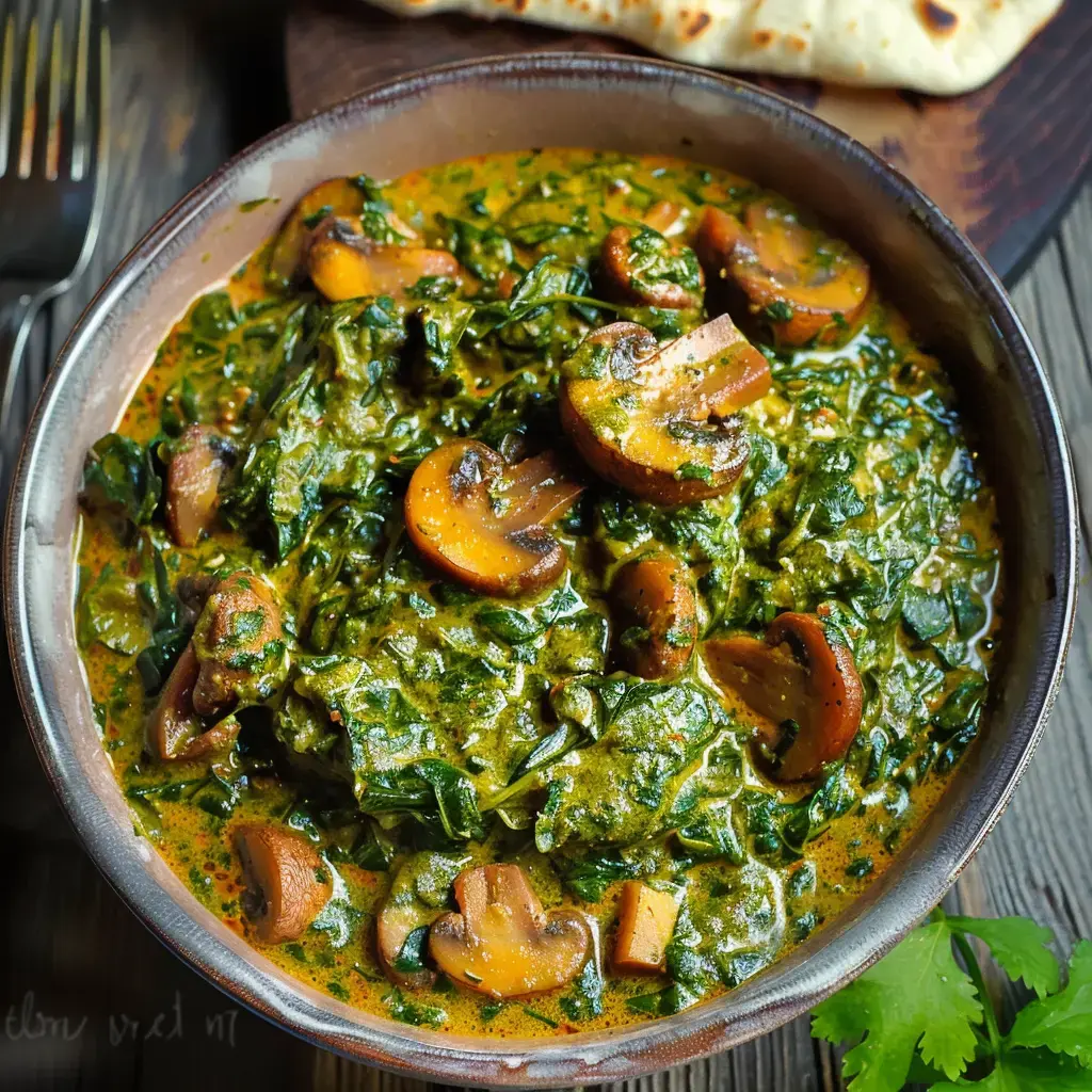 Curry aux épinards et pleurotes servi dans un bol en grès, accompagné d'une focaccia maison