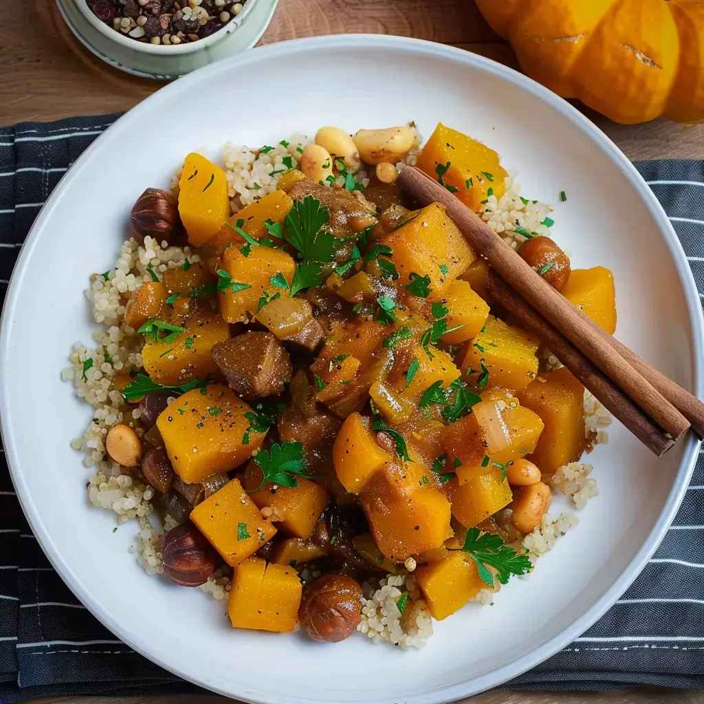 Tajine de courge butternut aux marrons, décoré de persil frais