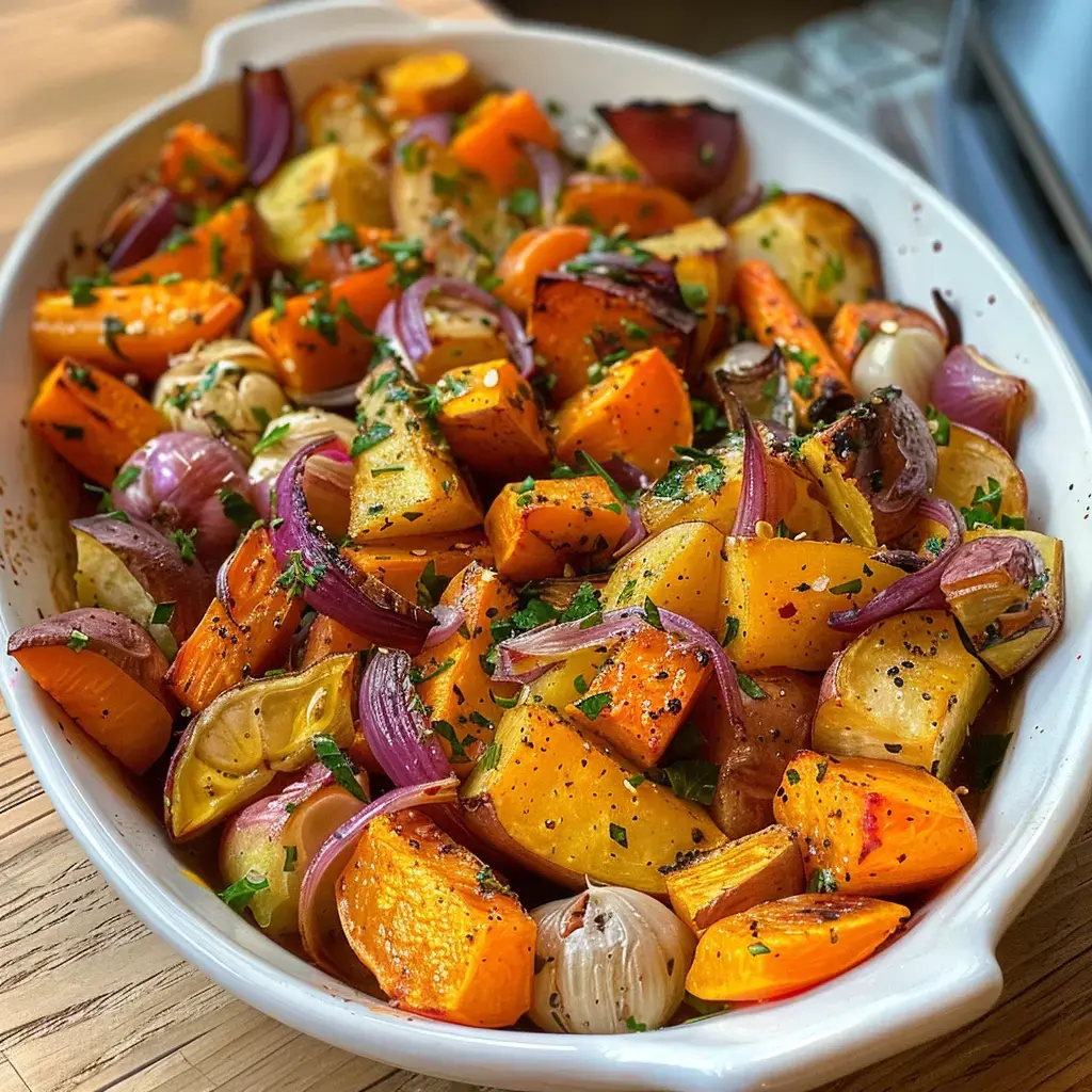 Légumes d'hiver confits colorés avec potimarron, carottes et oignons, parsemés d'herbes fraîches