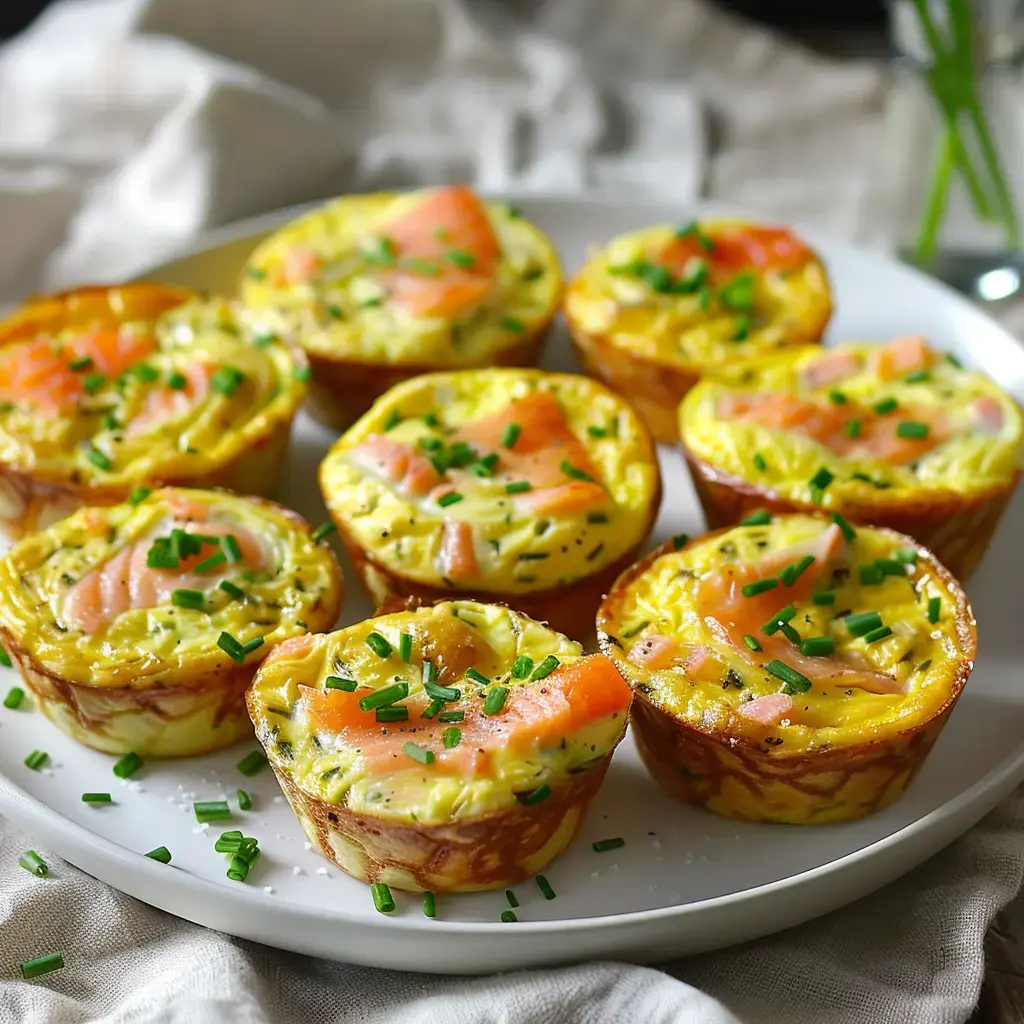 Mini-flans aux poireaux et saumon fumé, joliment dorés et garnis de ciboulette fraîche