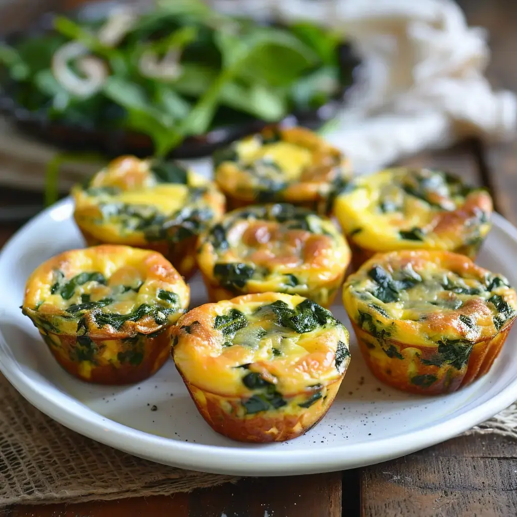 Mini-quiches aux épinards dorées servies avec une salade de mesclun, présentées sur une assiette en céramique