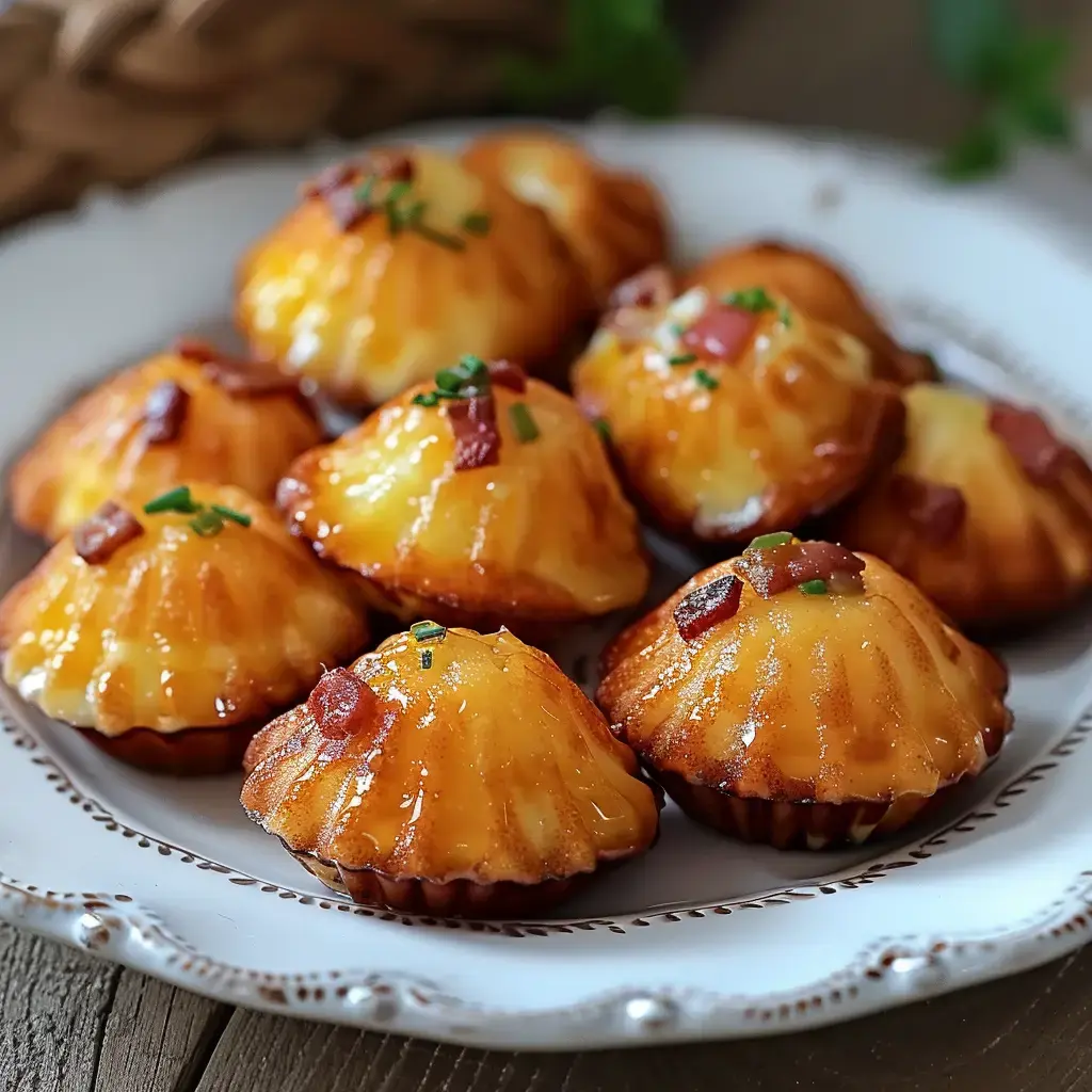 Madeleines salées dorées garnies de Saint-Nectaire et lardons, présentées sur un plateau de service rustique.