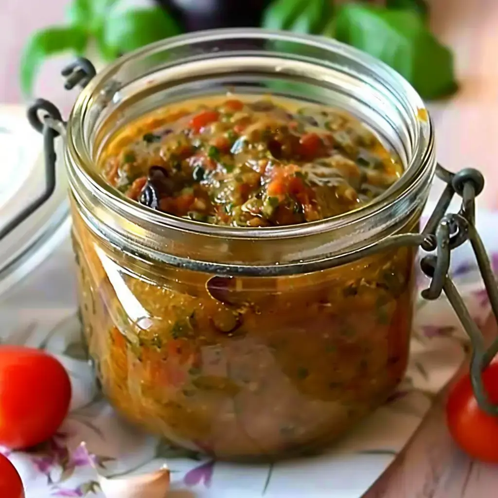 Un bocal en verre rempli de pesto d'aubergines maison, décoré de tomates cerises sur une nappe provençale.