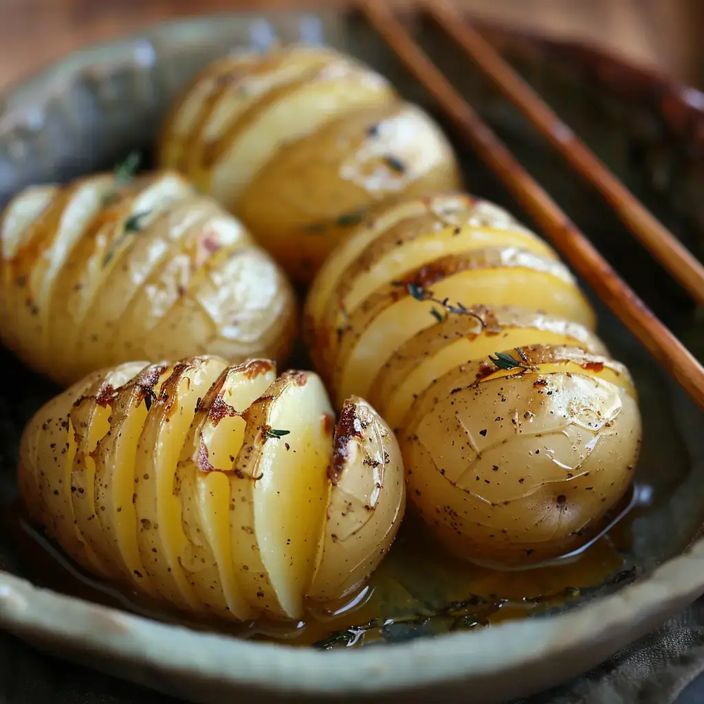 Pommes de terre Hasselback dorées, garnies d'herbes fraîches, dans un plat en céramique