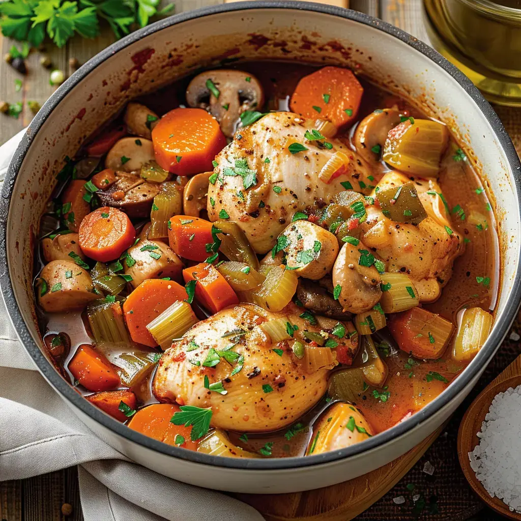 Un mijoté de poulet fermier aux légumes de saison, nappé de sauce dorée et garni de persil frais