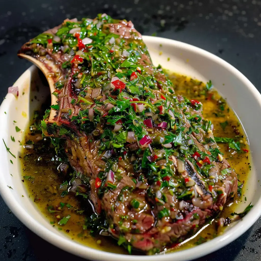 Une côte de bœuf marinée aux herbes de Provence, prête pour la cuisson à la plancha