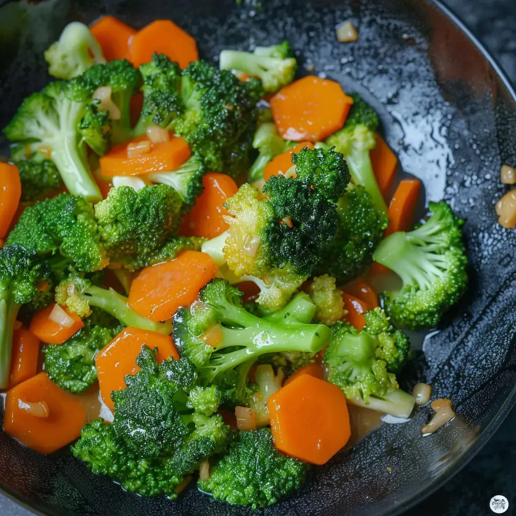 Brocolis et carottes sautés, nappés de sauce à l'ail, servis dans un plat en céramique noir