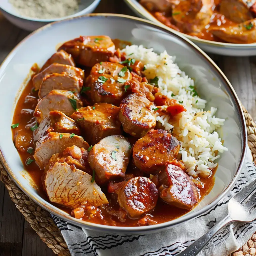 Un filet mignon en sauce au chorizo servi avec du riz et décoré de persil frais