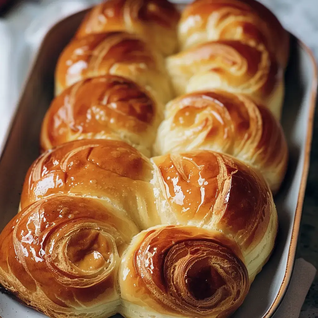 Un pain viennois doré et moelleux présenté sur un plateau de service traditionnel.