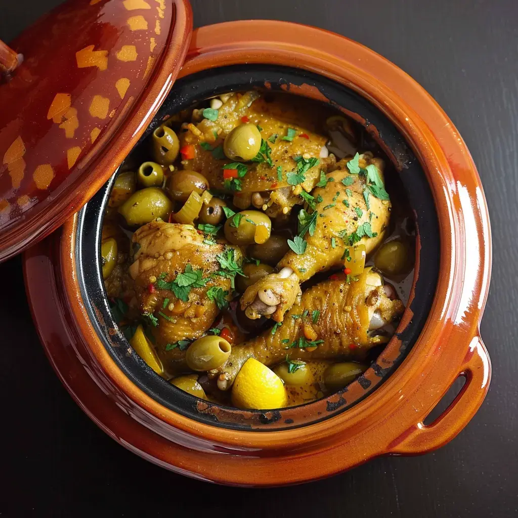 Un tajine de poulet aux olives et citrons confits, parsemé de coriandre fraîche, servi dans un plat traditionnel.