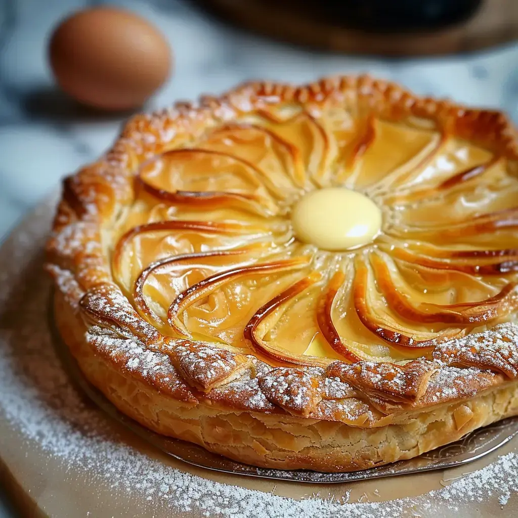 Une galette des rois dorée avec sa garniture crémeuse et sa décoration traditionnelle, accompagnée d'une fève artisanale