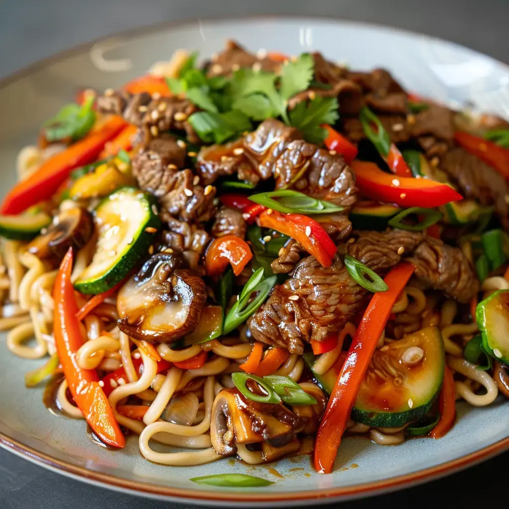 Un wok fumant de nouilles au bœuf, garni de légumes colorés et de coriandre fraîche, nappé d'une sauce brillante
