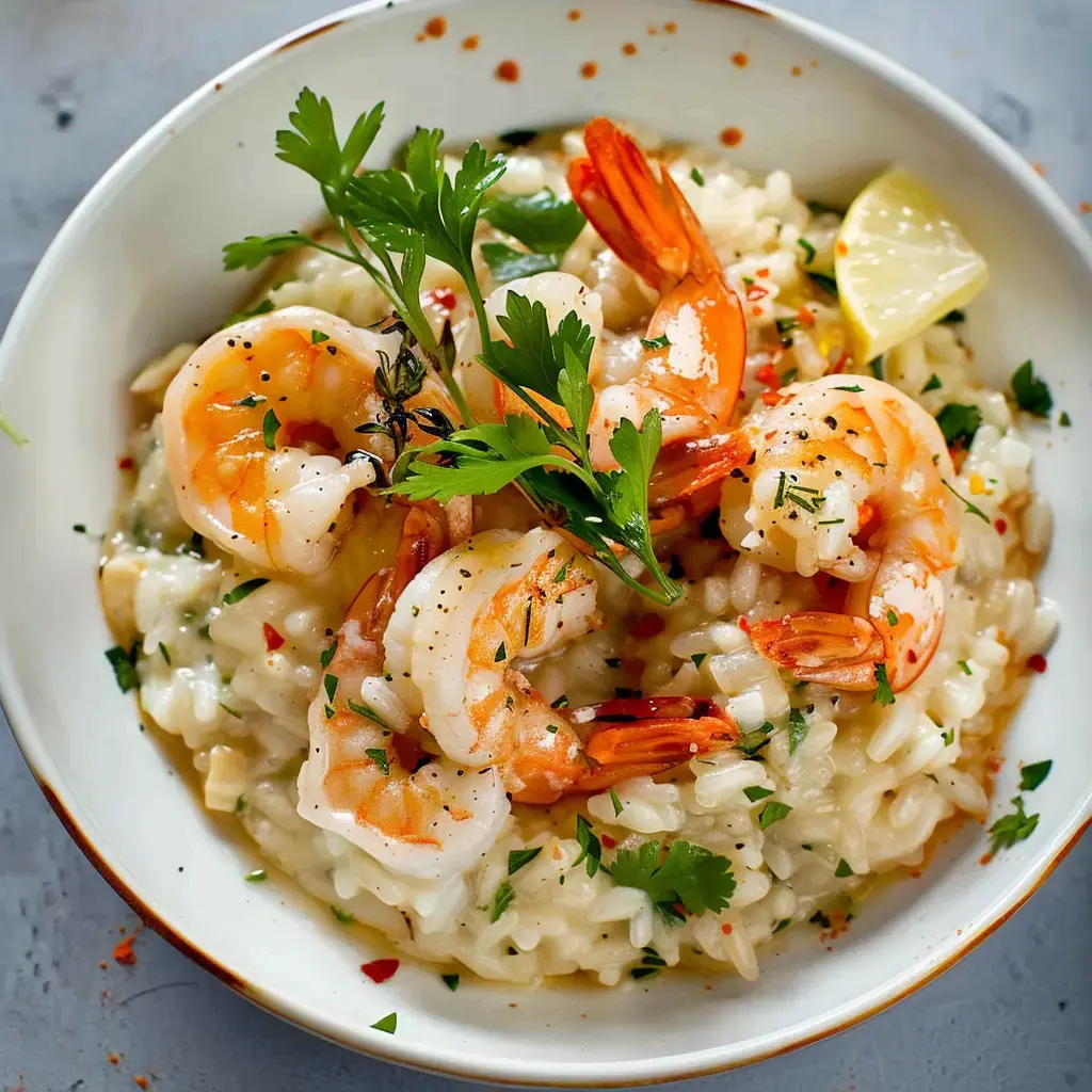 Risotto crémeux au lait de coco garni de crevettes poêlées et coriandre fraîche