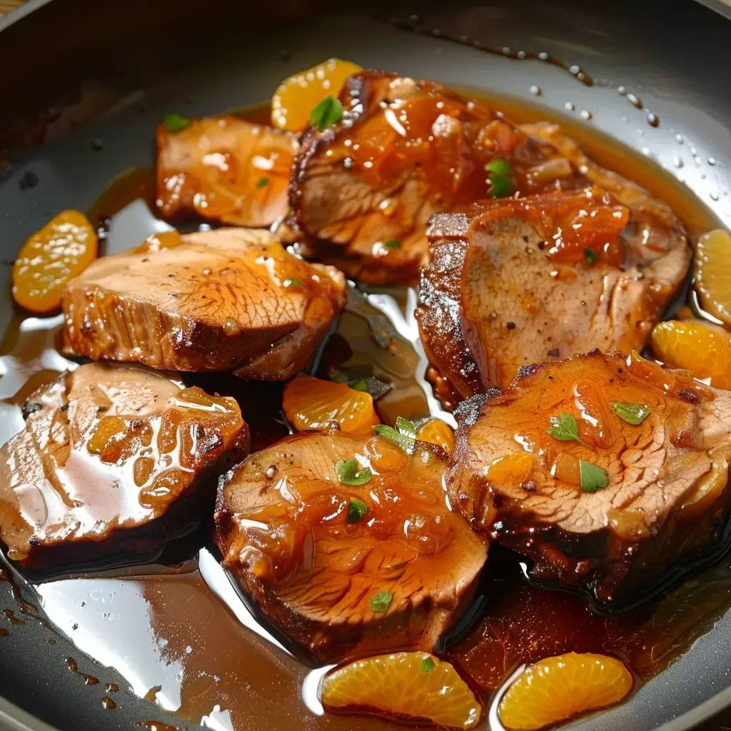 Médaillons de porc laqués sauce orange-gingembre avec garniture