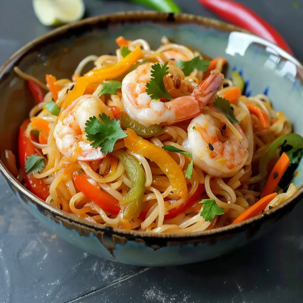 Un bol de nouilles aux gambas Black Tiger avec des poivrons colorés et de la coriandre fraîche, sur une table en bois sombre