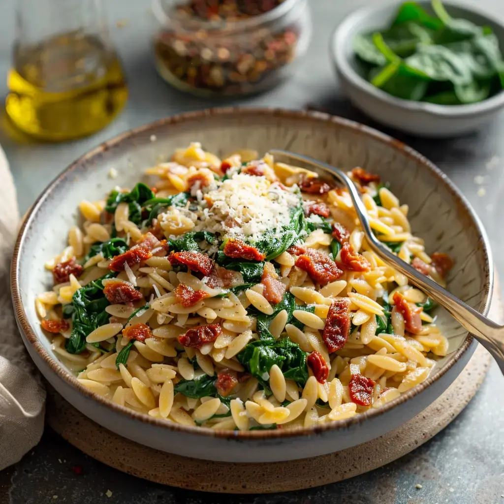 Un plat d'orzo crémeux aux épinards et lardons, parsemé de Comté râpé, accompagné d'huile d'olive et d'herbes de Provence