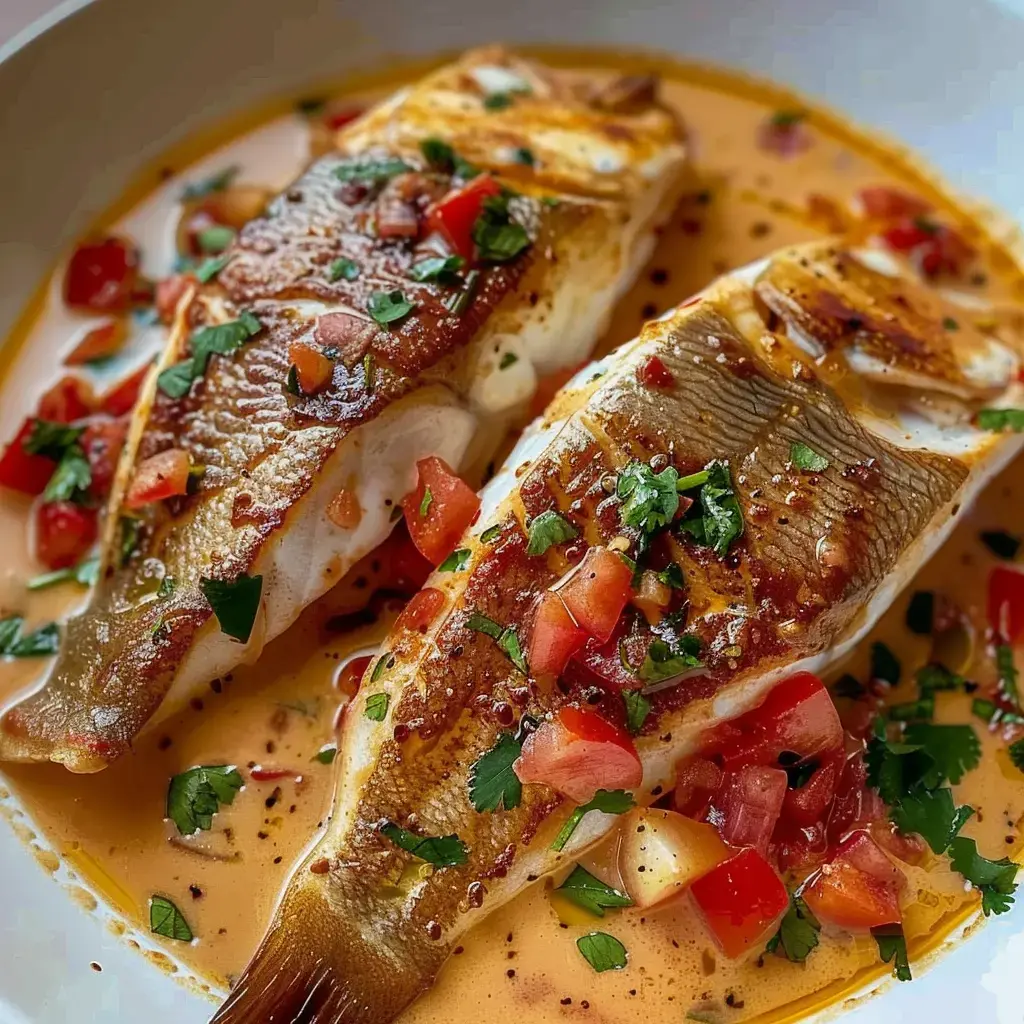 Deux morceaux de poisson grillés accompagnés de tomates fraîches et de coriandre dans une sauce parfumée.