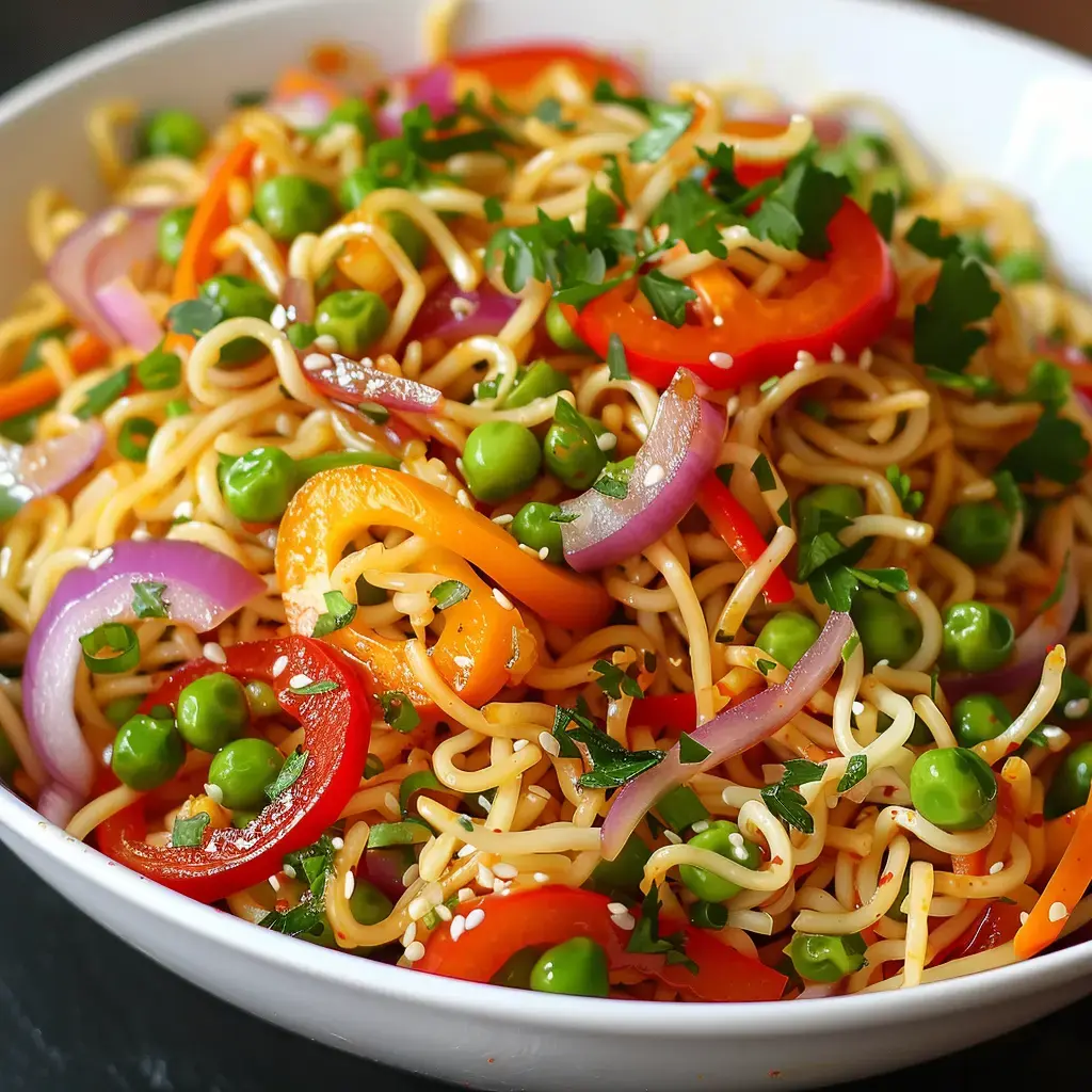 Un wok de nouilles aux légumes colorés, garni de petits pois, poivrons et herbes fraîches