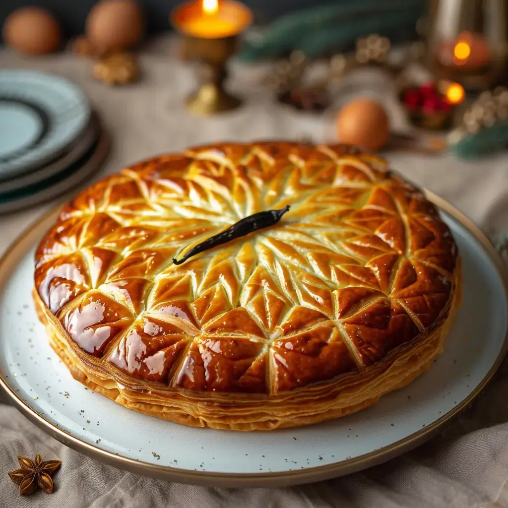 Une galette des rois brillante ornée d'un joli motif étoilé, avec une gousse de vanille placée au milieu, entourée d'éléments de fête.