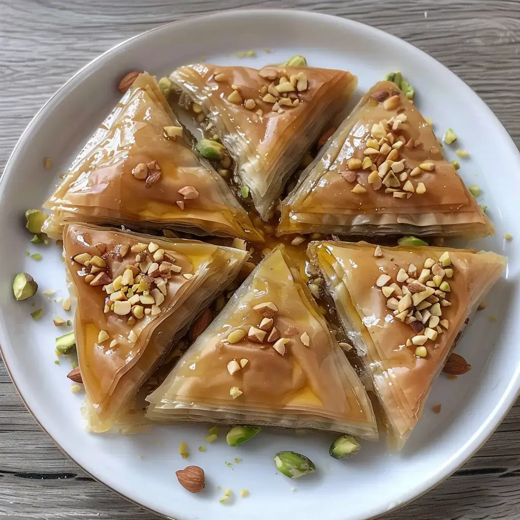 Baklavas dorés disposés en losanges, garnis de pistaches concassées et brillants de sirop