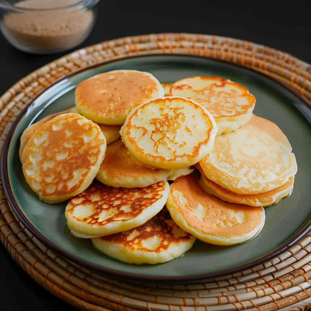 Des crêpes empilées, joliment dorées et moelleuses, avec un petit bol de sauce visible derrière.