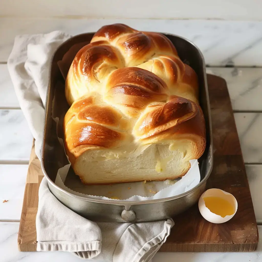 Une brioche dorée tressée dans un moule métallique avec une coquille d'œuf brisée à côté.