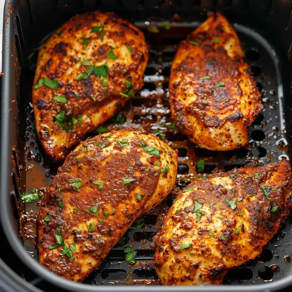 Quatre filets de poulet dorés et épicés, garnis de persil frais, dans un panier ActiFry.