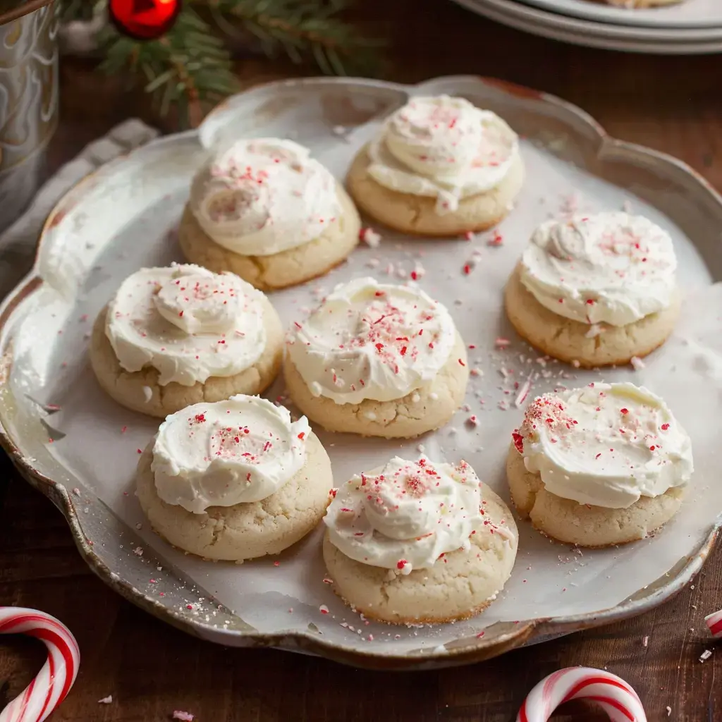 Des biscuits ronds avec glaçage blanc et éclats de sucre d'orge rouge et blanc disposés sur un plateau argenté.