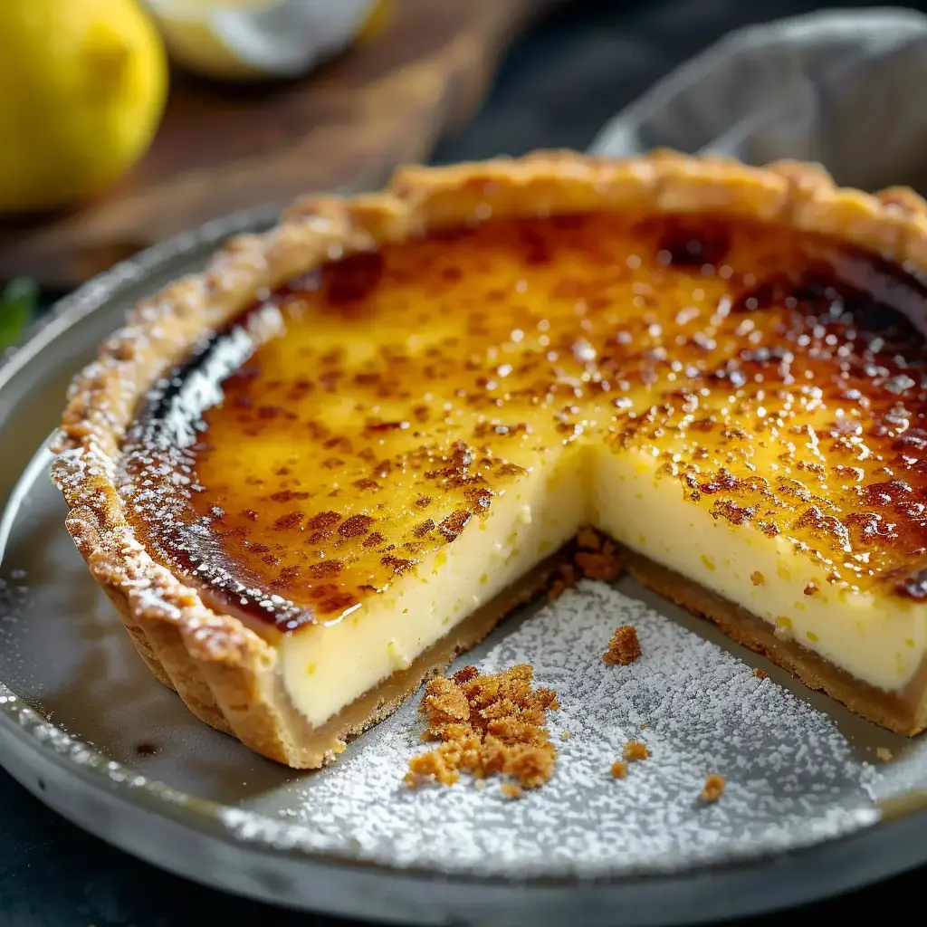 Une tarte onctueuse au citron avec son dessus caramélisé qui brille, posée sur un joli plat à tarte rustique.