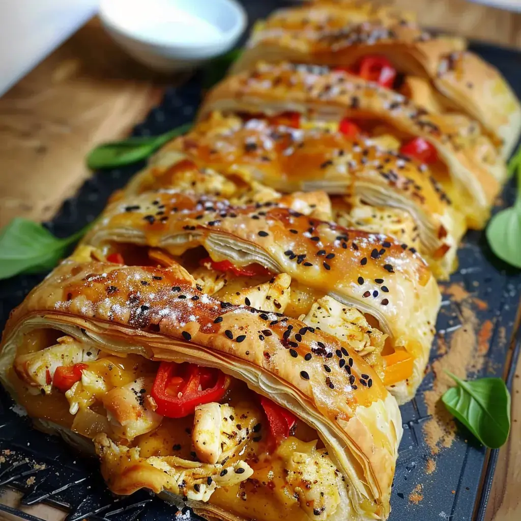 Un feuilleté tressé doré garni de poulet, poivrons et fromages, décoré de graines de pavot.