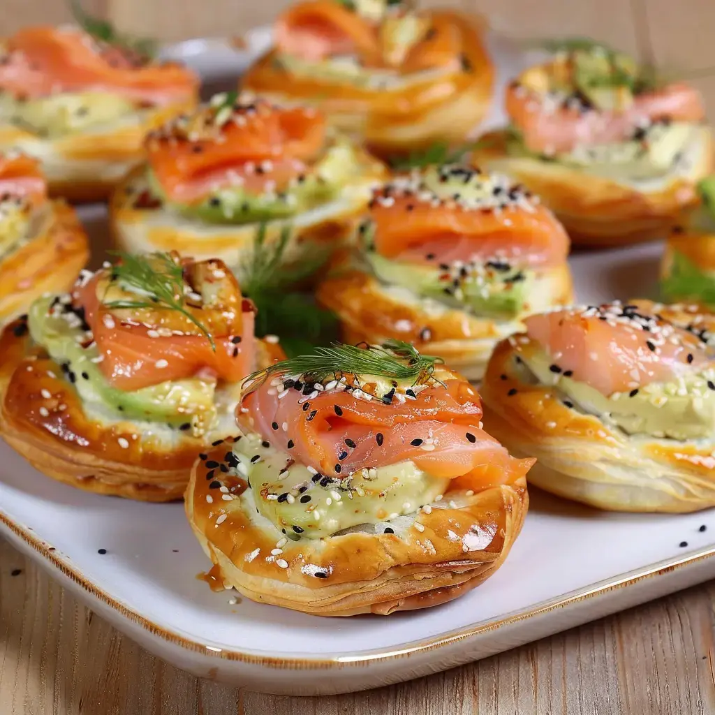 Des amuse-bouches feuilletés garnis de fromage crémeux, saumon fumé et sésame noir.