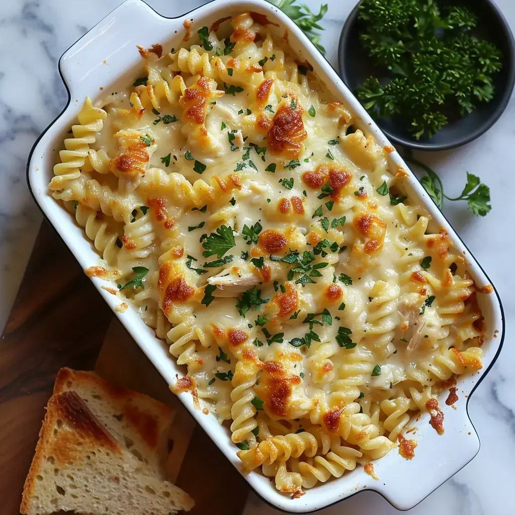 Un gratin de pâtes nappé de sauce crémeuse avec du fromage doré et du persil, servi avec des tranches de pain grillé.
