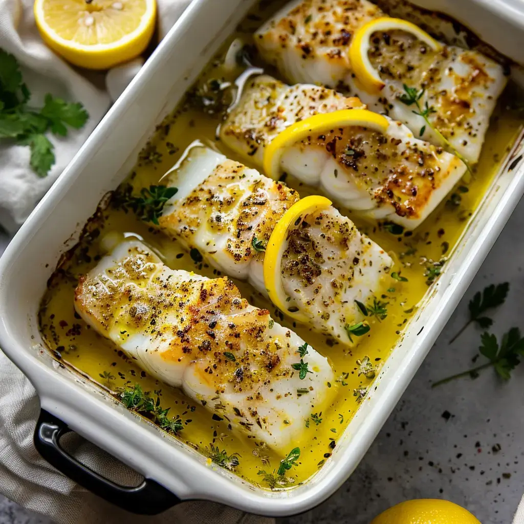 Morceaux de poisson sortis du four, décorés avec des rondelles de citron et herbes fraîches, servis dans un plat avec un filet d'huile d'olive.
