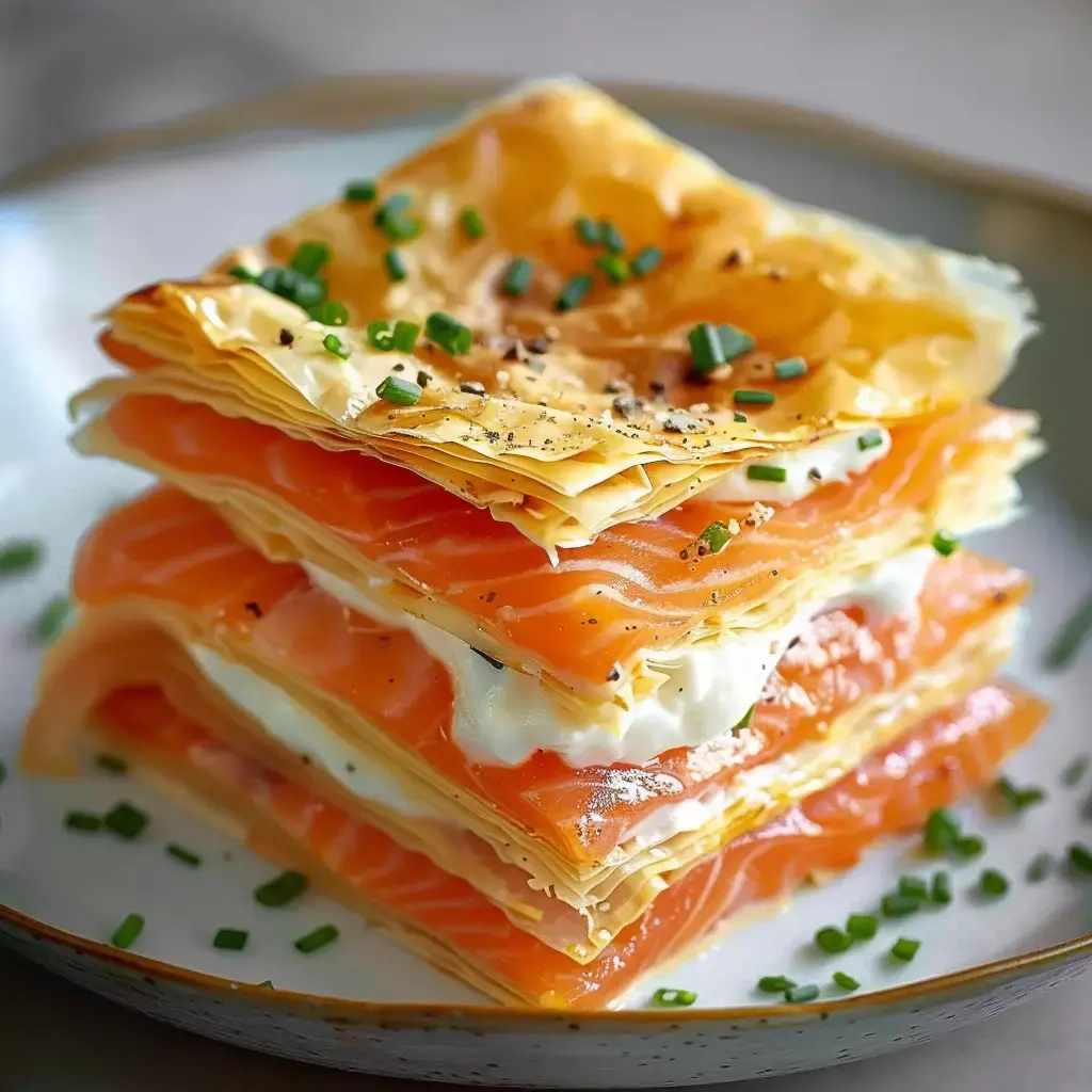 Un plat empilé de fines couches de pâte filo alternées avec du saumon fumé et de la crème, garni de ciboulette et de poivre.