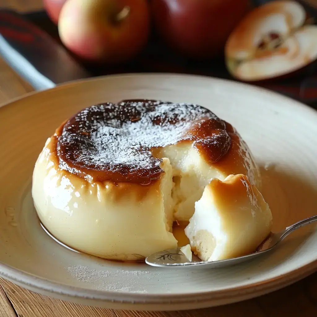 Un dessert onctueux avec du sucre glace par-dessus, servi dans une assiette avec des pommes en fond.