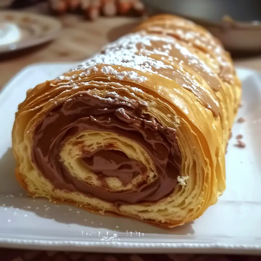 Un délicieux roulé au chocolat saupoudré de sucre fin, avec ses couches feuilletées appétissantes.