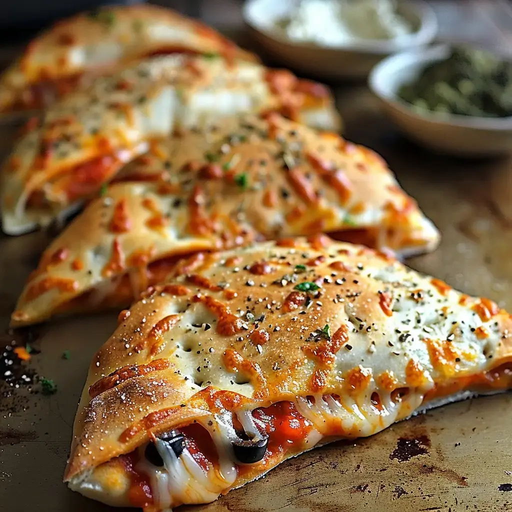 Quatre pochettes pizza dorées bien garnies, servies avec des coupelles de sauces blanches et quelques herbes fraîches.