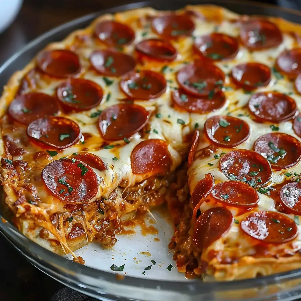 Une pizza pepperoni au fromage qui fond avec des herbes, montrant une portion découpée.