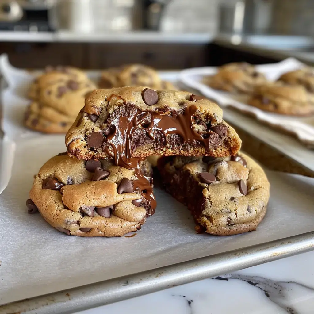 Biscuits tendres aux morceaux de chocolat, coupés en deux montrant un cœur fondant au chocolat.