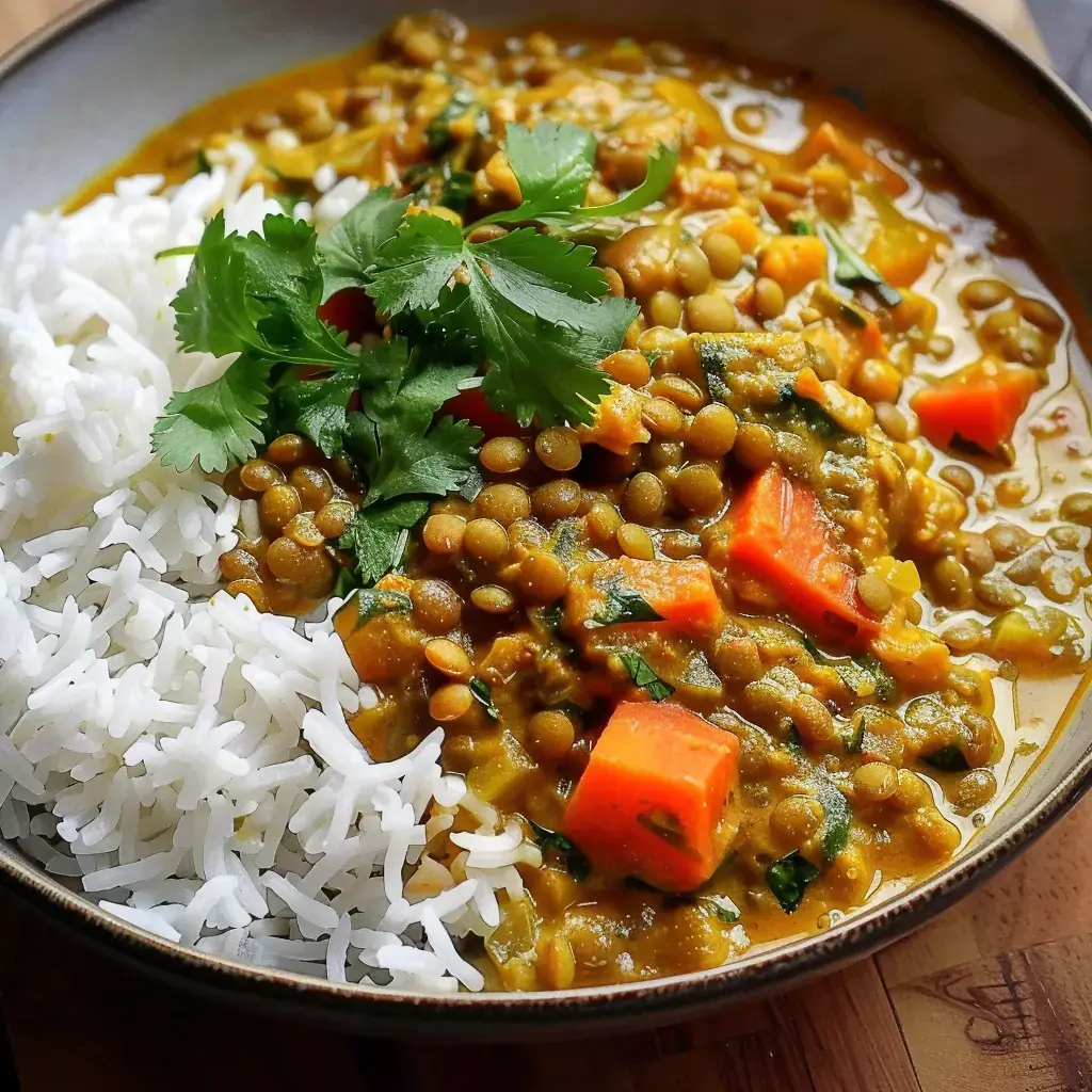 Un bol de curry de lentilles garni de coriandre accompagné de riz et carottes.